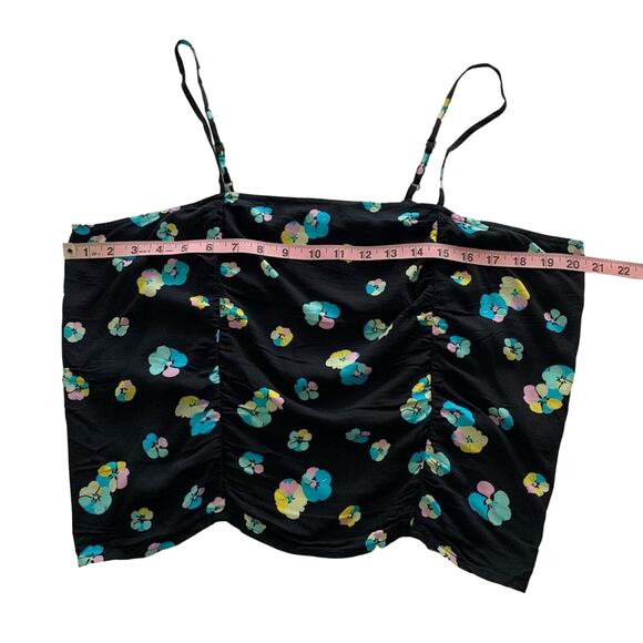 BP Ruched Crop Tank Top Black Floral Spaghetti Strap Elastic Back 2X - Picture 2 of 9